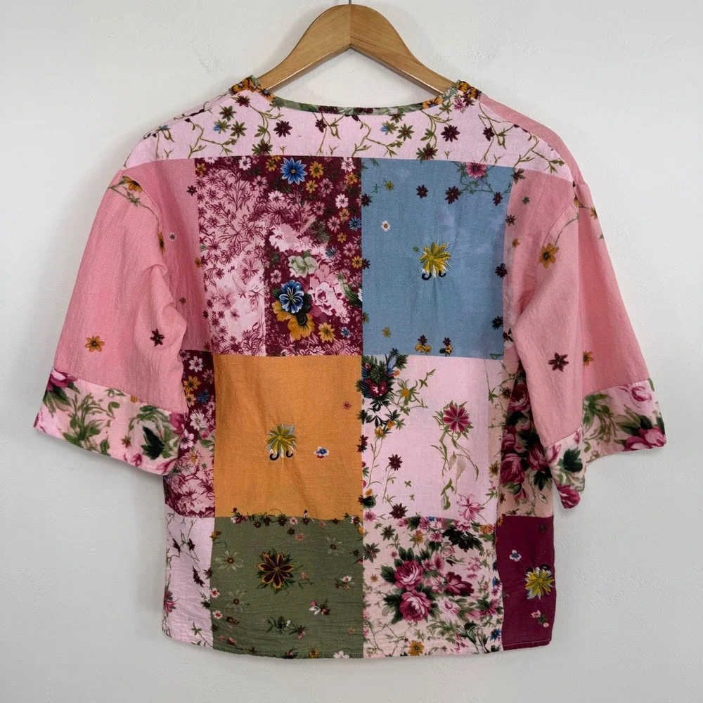 Patchwork Floral Embroidered Blouse Cottagecore Boho Indie Top Pink Korea Made S
